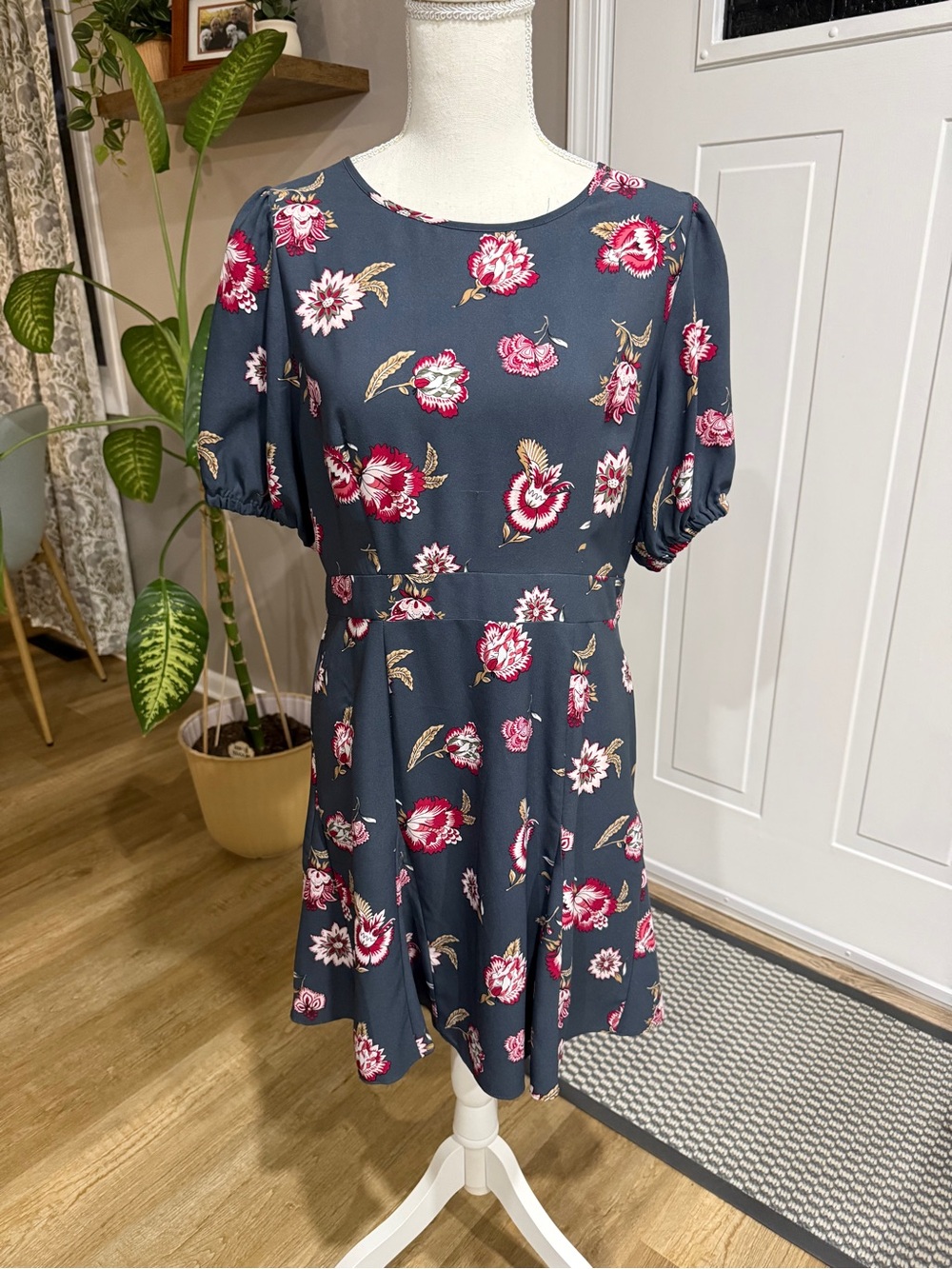 LOFT Slate Gray Dress with Pink and Red Floral Print